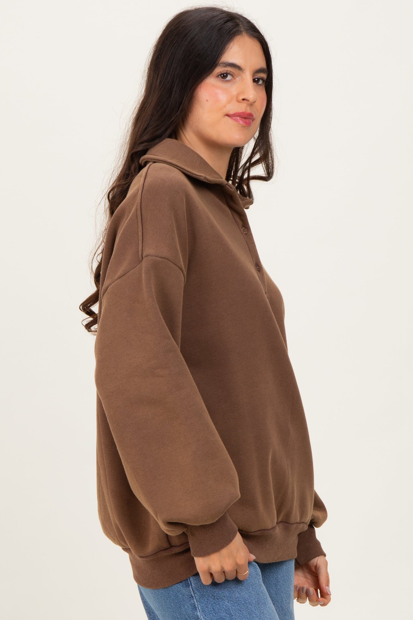 Brown Oversized Long Sleeve Polo Pullover