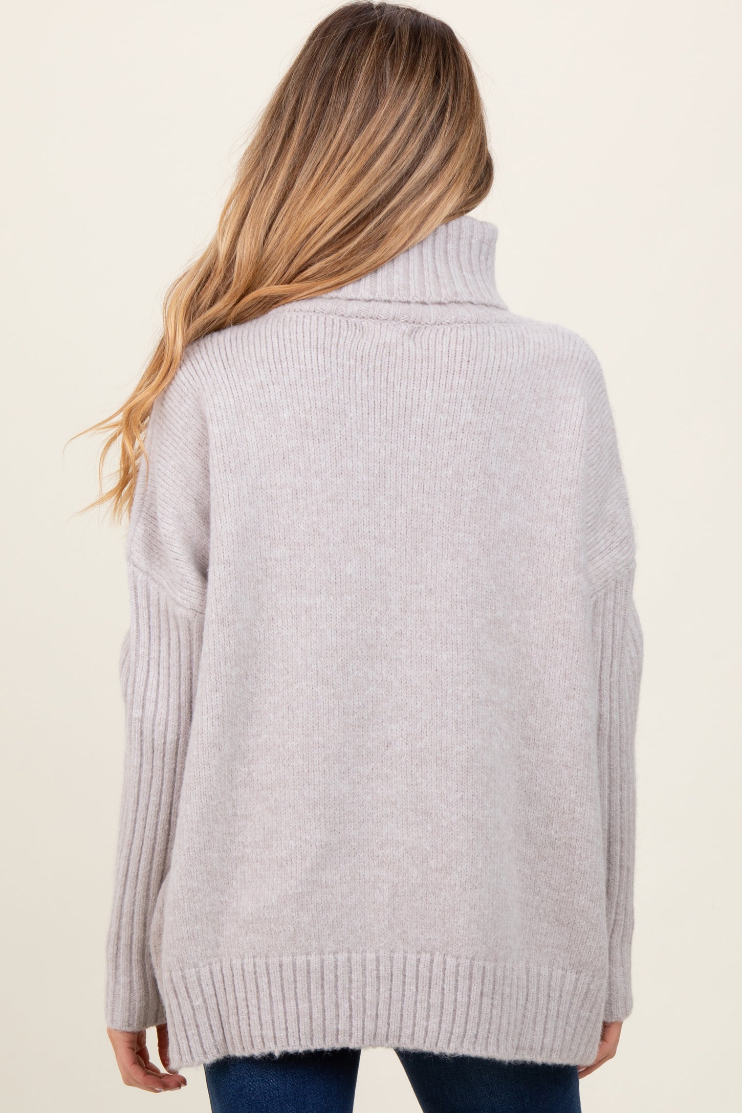 Light Grey Contrast Ribbed Knit Turtleneck Maternity Sweater