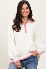 Cream Soft Fuzzy Knit Quarter Zip Maternity Pullover Sweater