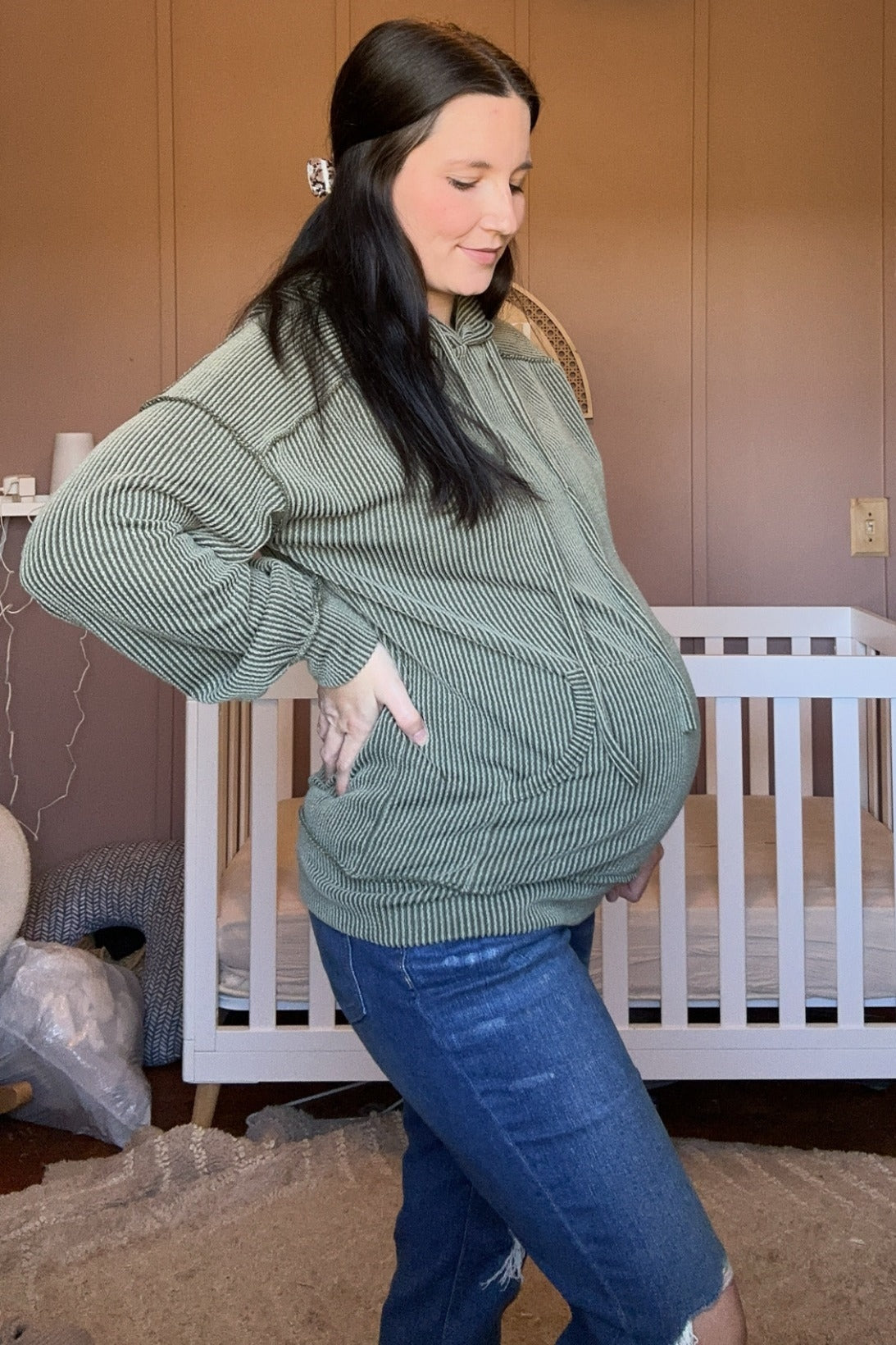 Olive Ribbed Front Pocket Maternity Drawstring Hoodie