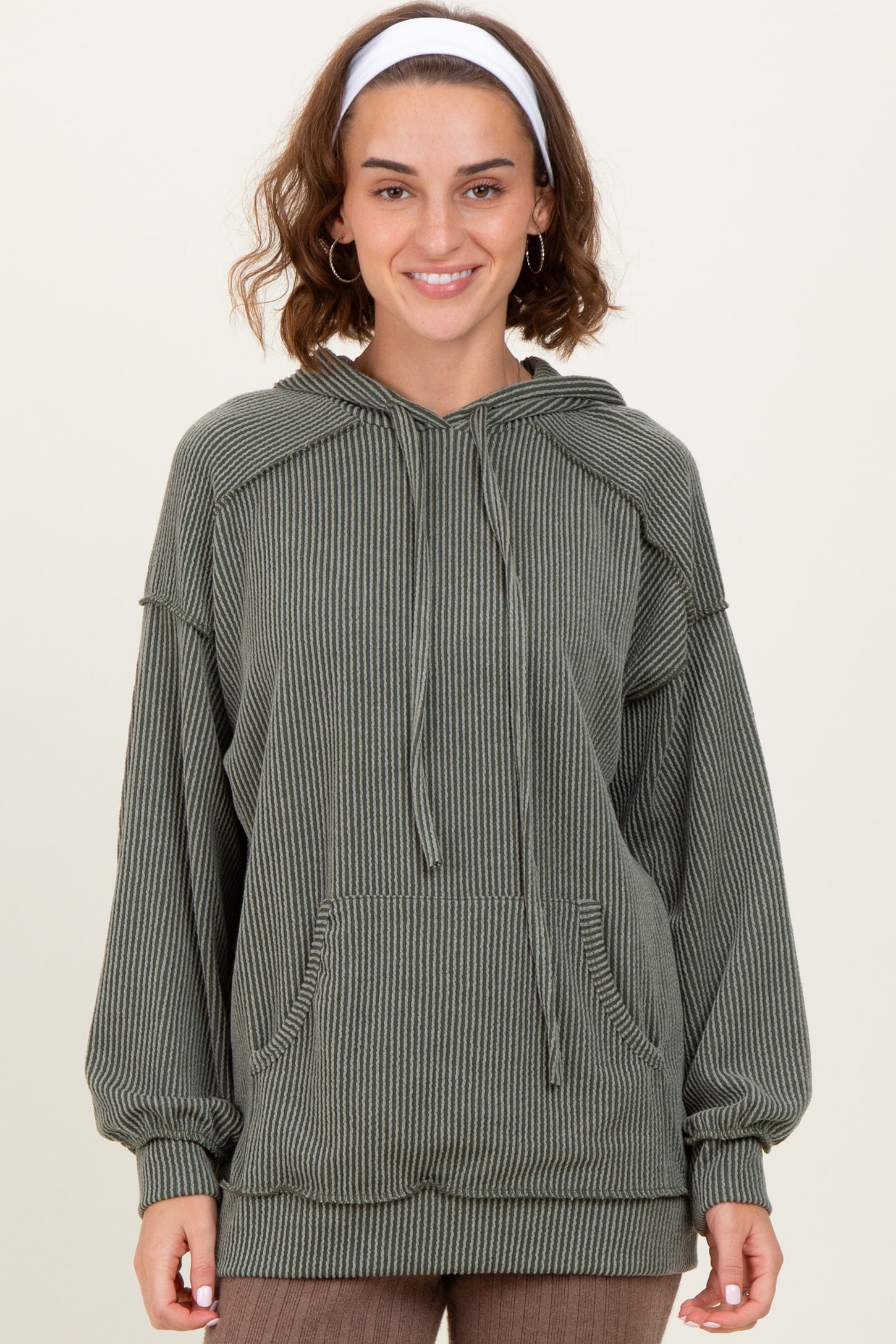 Olive Ribbed Front Pocket Maternity Drawstring Hoodie