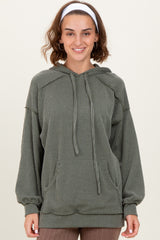 Olive Ribbed Front Pocket Maternity Drawstring Hoodie