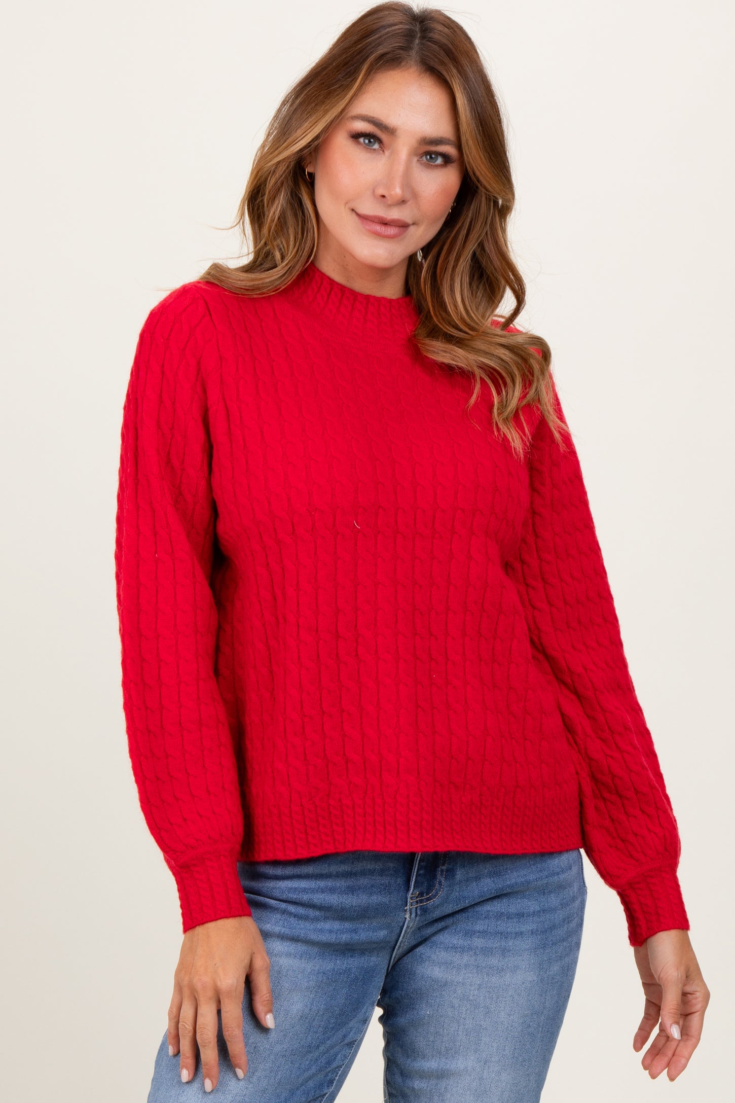 Red Cable Knit Mock Neck Bubble Sleeve Maternity Sweater