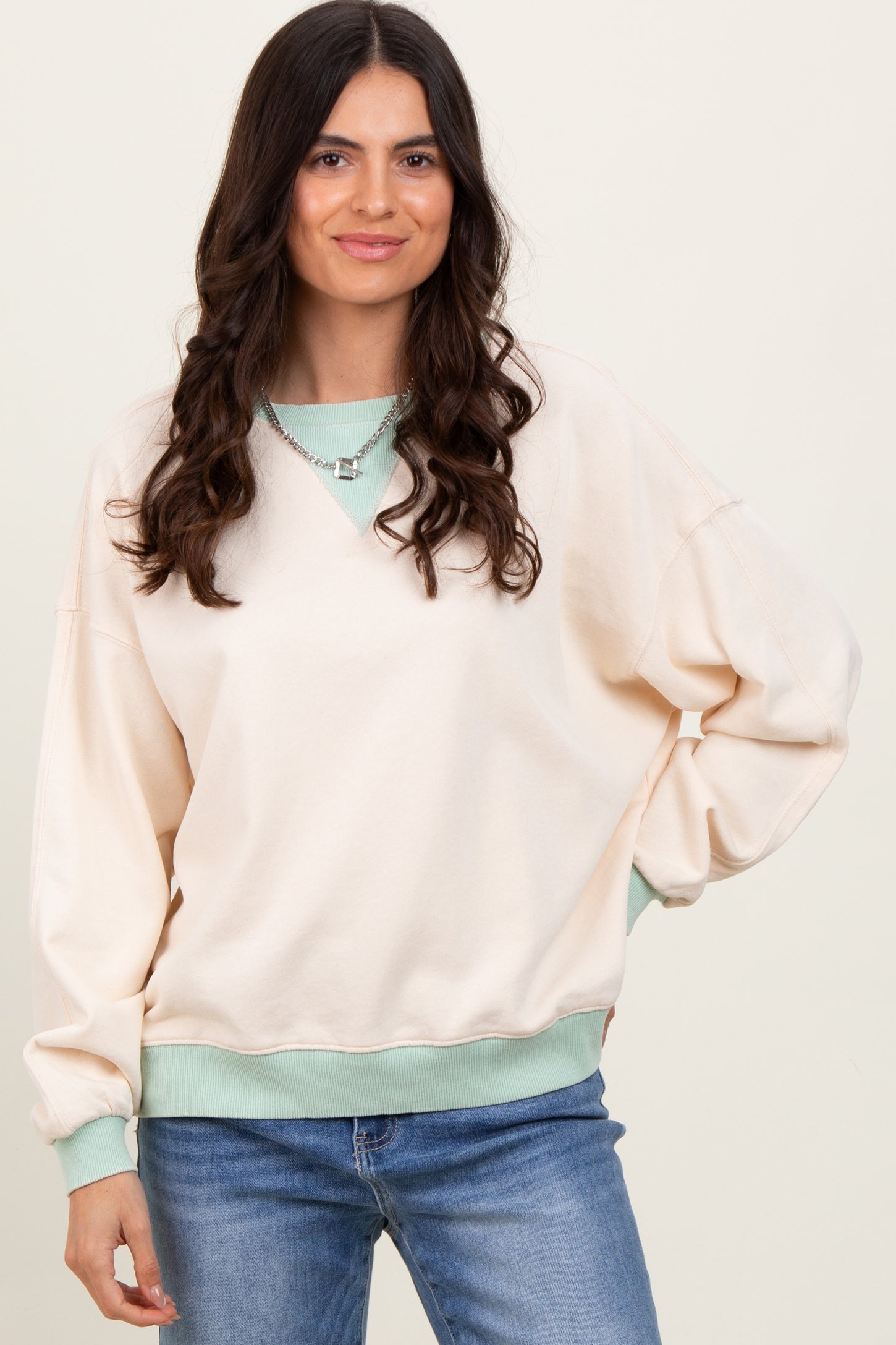 Cream Coloblock French Terry Sweatshirt