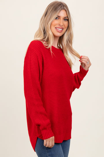 Red Waffle Knit Rounded Hem Sweater
