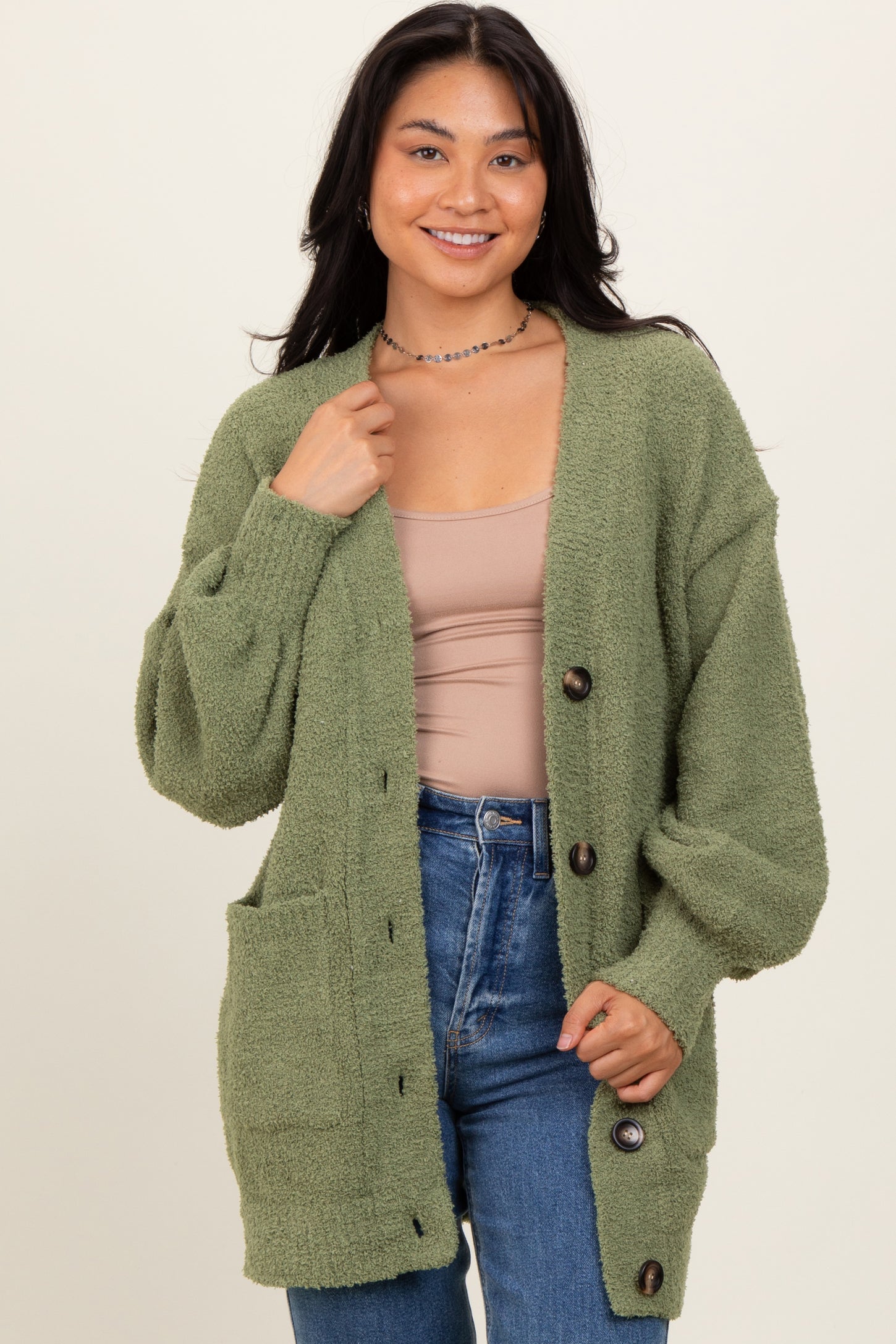 Light Olive Fuzzy Knit Oversized Button Up Maternity Cardigan
