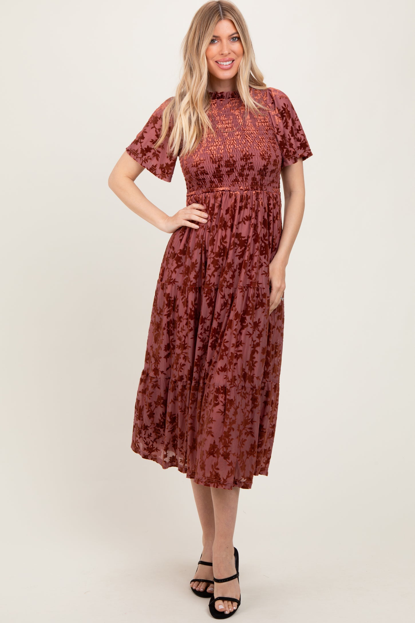 Mauve Floral Velvet Print Smocked Maternity Midi Dress