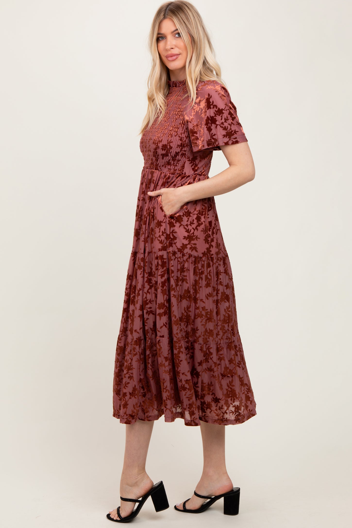 Mauve Floral Velvet Print Smocked Midi Dress