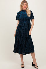 Navy Floral Velvet Print Smocked Maternity Midi Dress