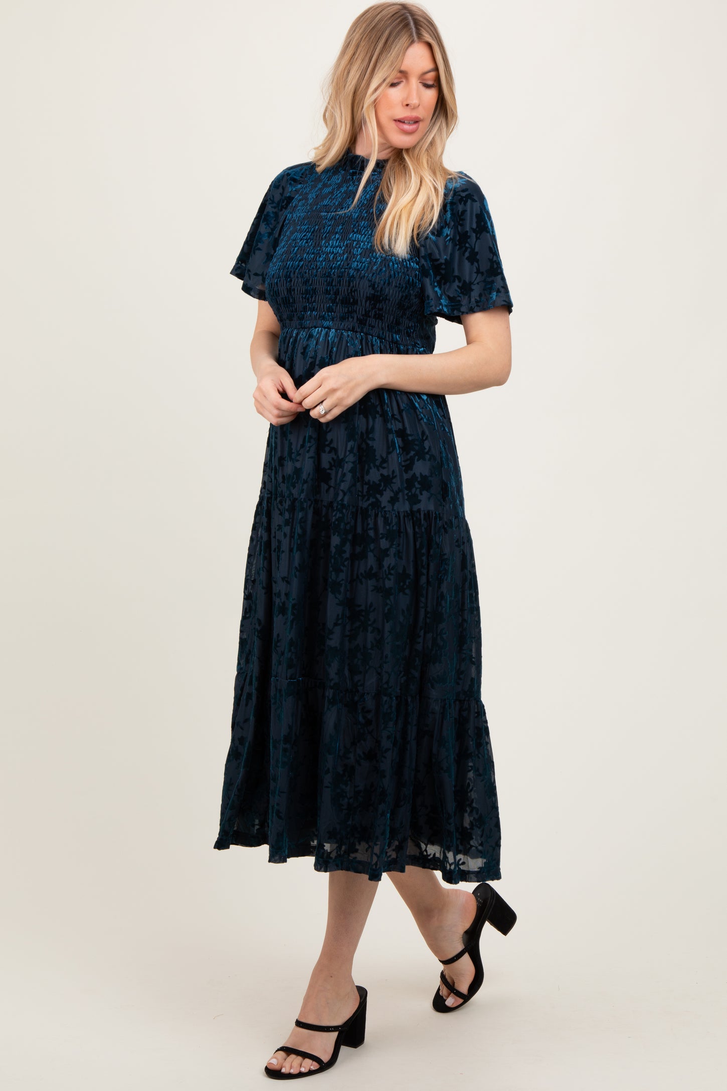 Navy Floral Velvet Print Smocked Midi Dress