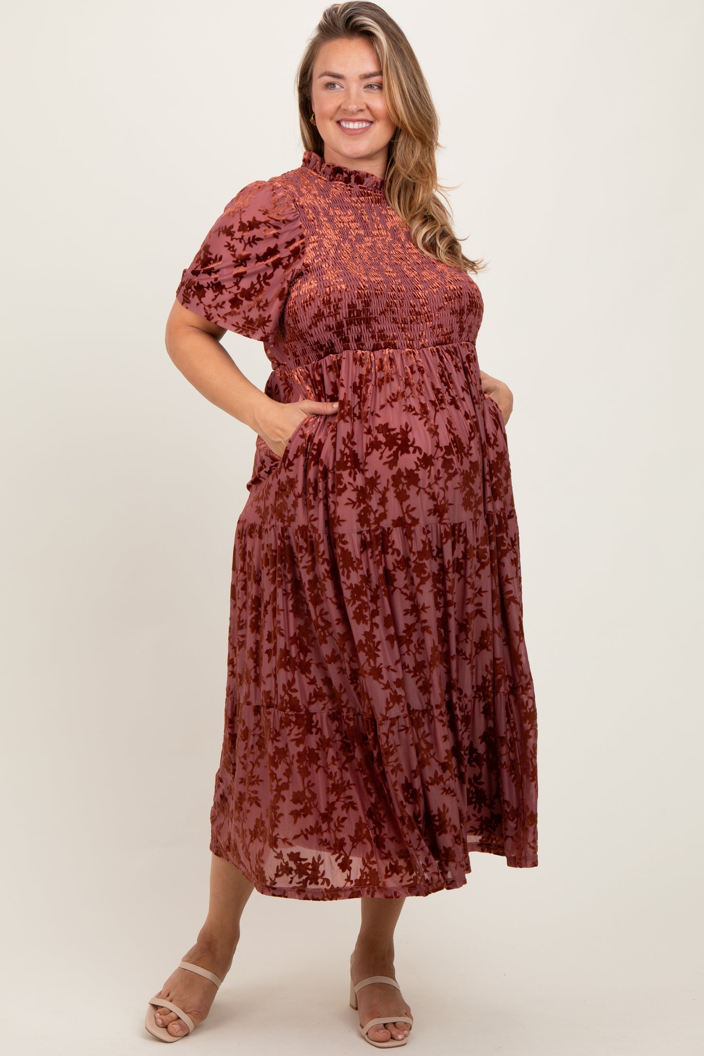 Mauve Floral Velvet Print Smocked Maternity Plus Midi Dress