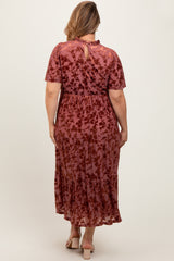 Mauve Floral Velvet Print Smocked Maternity Plus Midi Dress