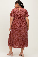 Mauve Floral Velvet Print Smocked Plus Midi Dress
