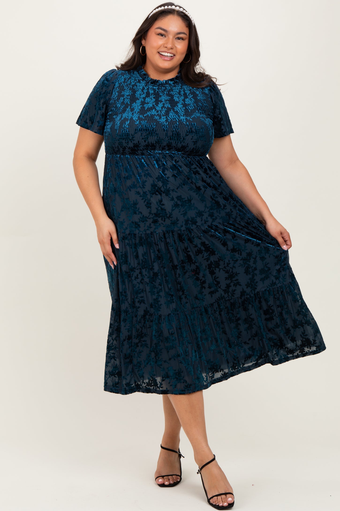 Navy Floral Velvet Print Smocked Plus Midi Dress PinkBlush Navy Floral Velvet Print Smocked Plus Midi Dress PinkBlush