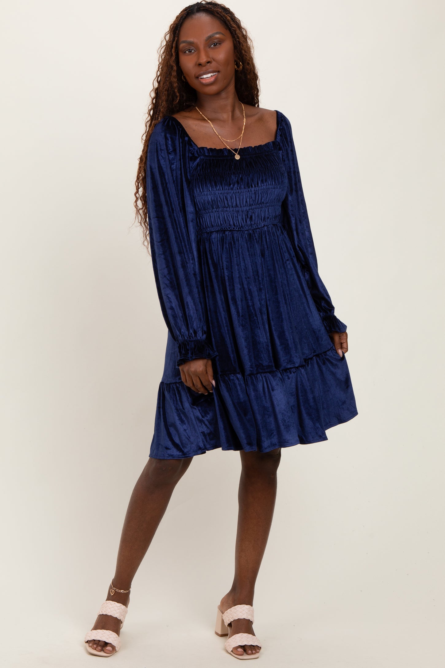 Navy Velvet Smocked Long Sleeve Dress – PinkBlush