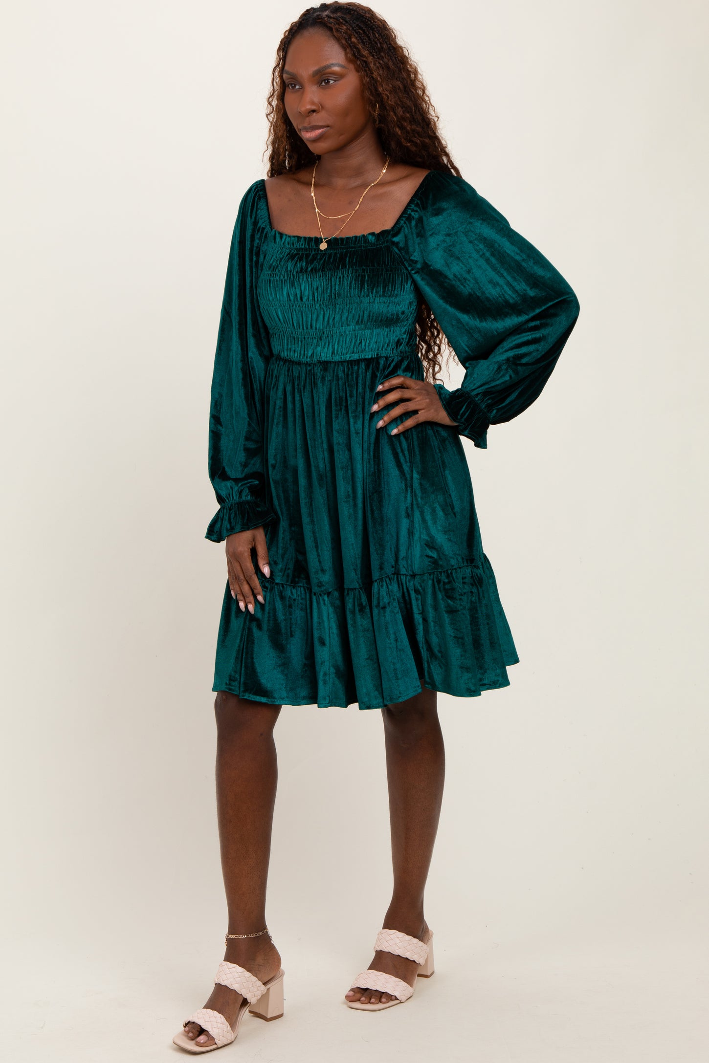 Forest Green Velvet Smocked Long Sleeve Dress