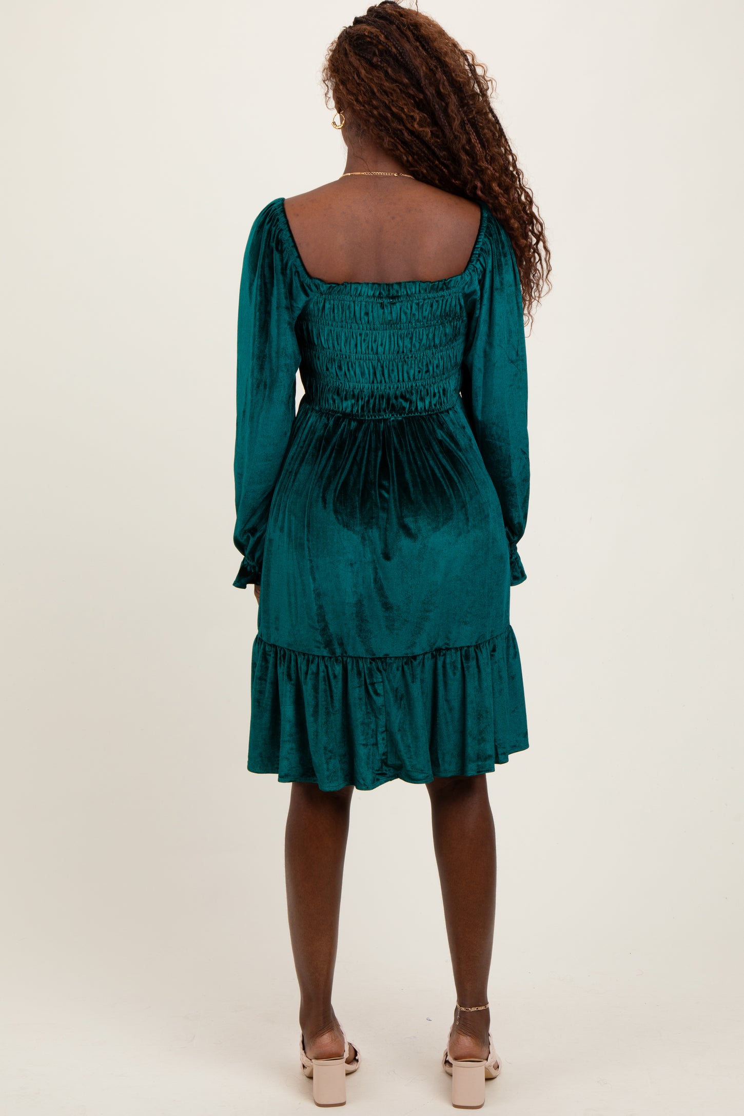 Forest Green Velvet Smocked Long Sleeve Dress