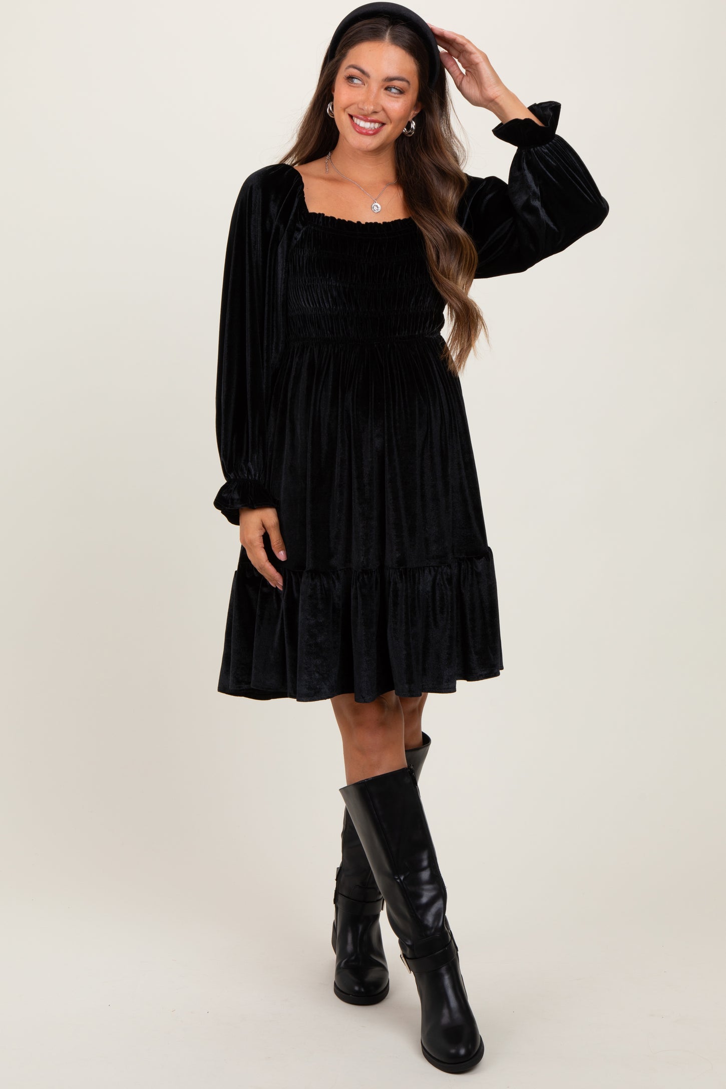 Black Velvet Smocked Long Sleeve Maternity Dress Black Velvet Smocked Long Sleeve Maternity Dress