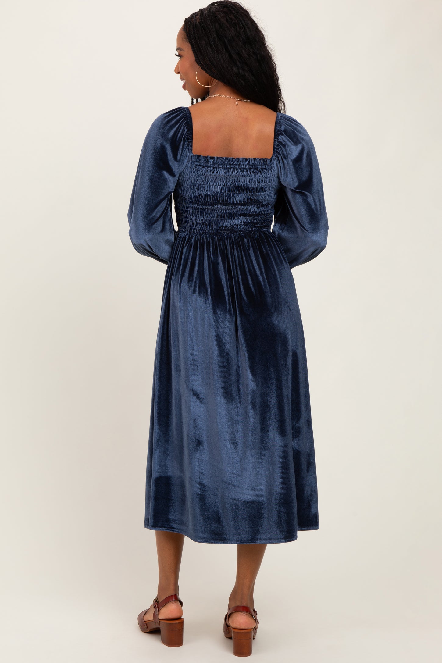 Navy Velvet Smocked Long Sleeve Maxi Dress