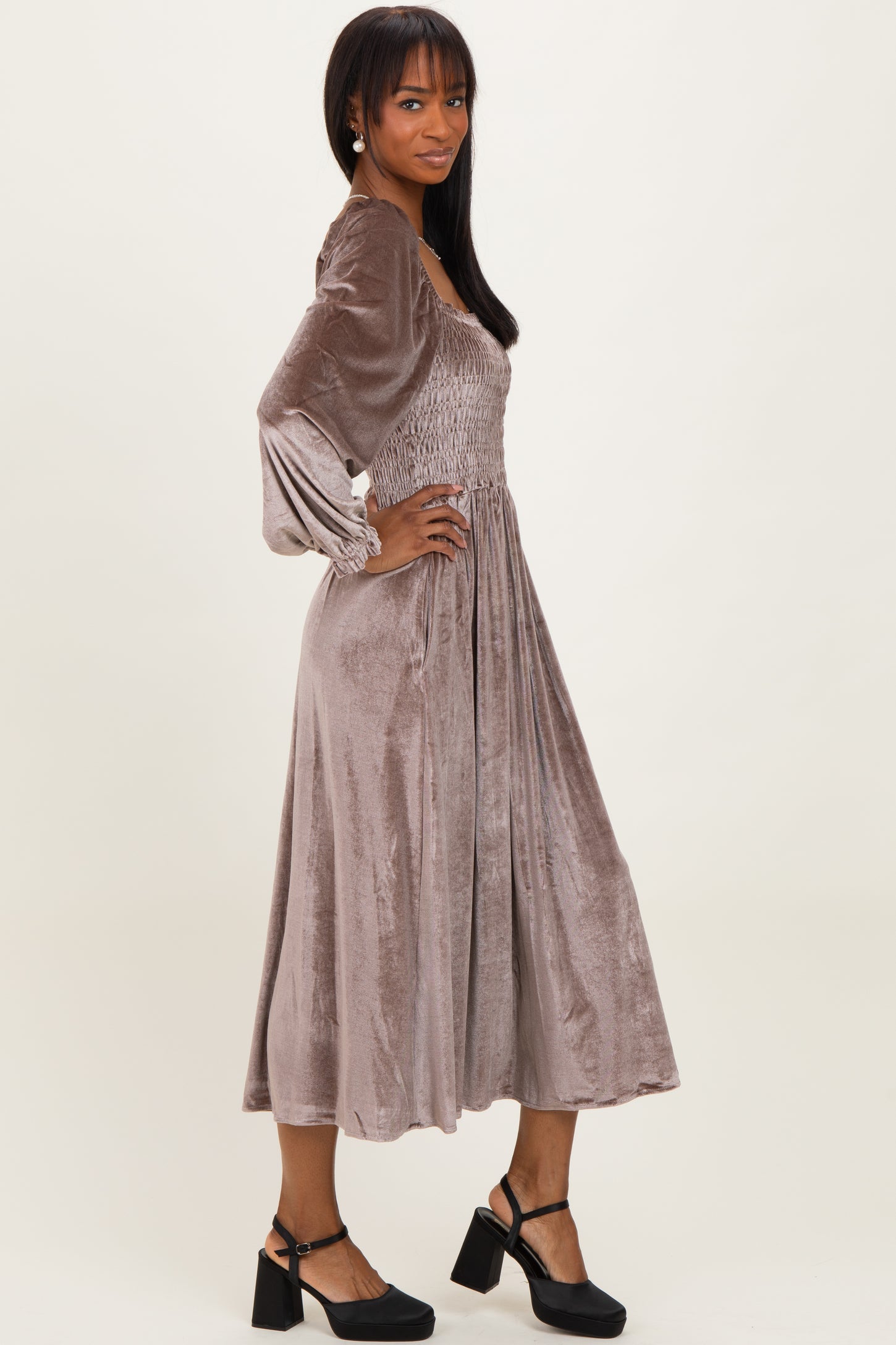 Taupe Velvet Smocked Long Sleeve Maxi Dress PinkBlush Taupe Velvet Smocked Long Sleeve Maxi Dress PinkBlush