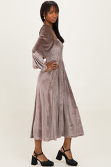 Taupe Velvet Smocked Long Sleeve Maxi Dress