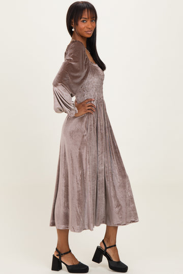 Taupe Velvet Smocked Long Sleeve Maxi Dress