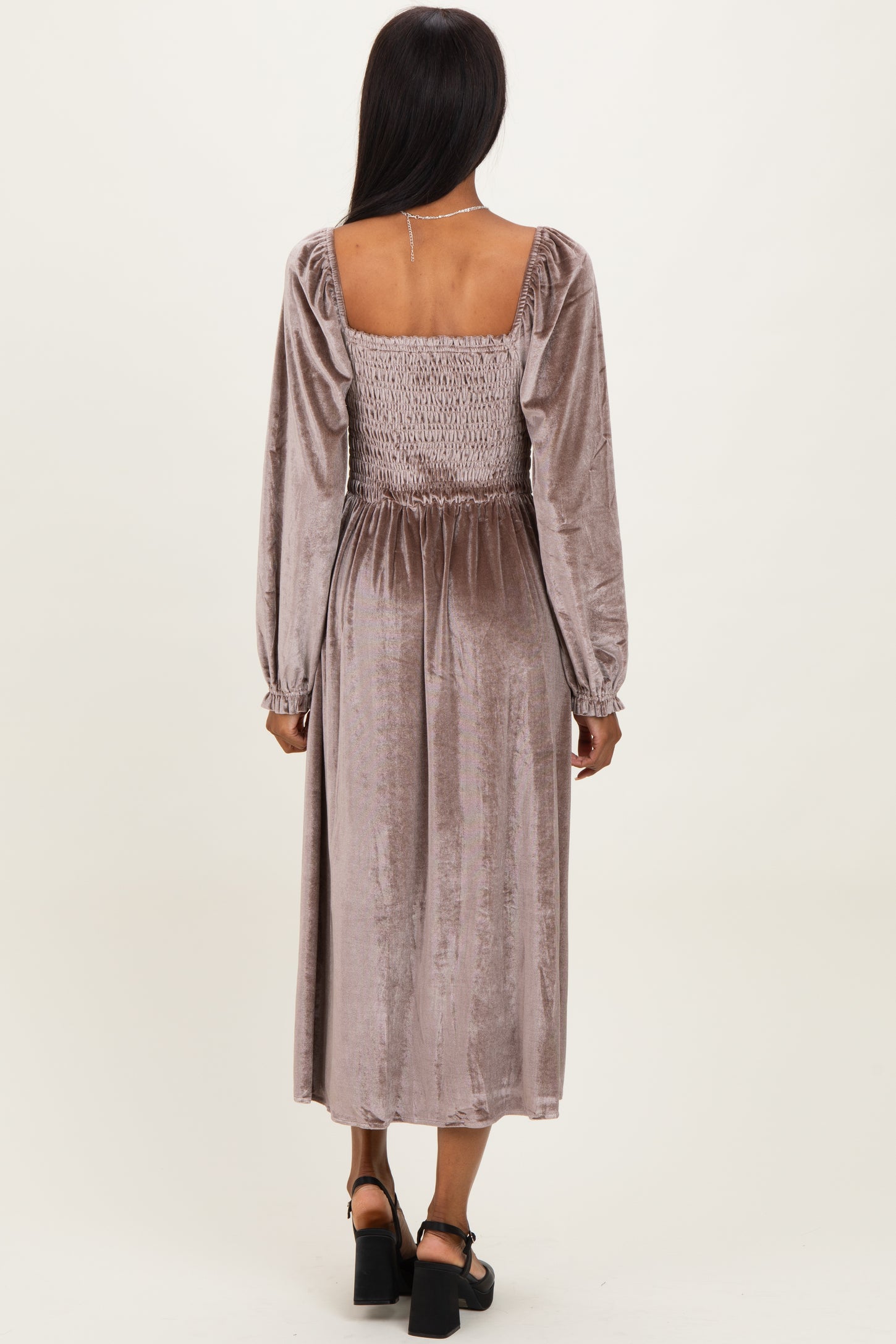 Taupe Velvet Smocked Long Sleeve Maxi Dress Taupe Velvet Smocked Long Sleeve Maxi Dress