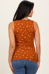 Rust Floral Print Ribbed Henley Sleeveless Top