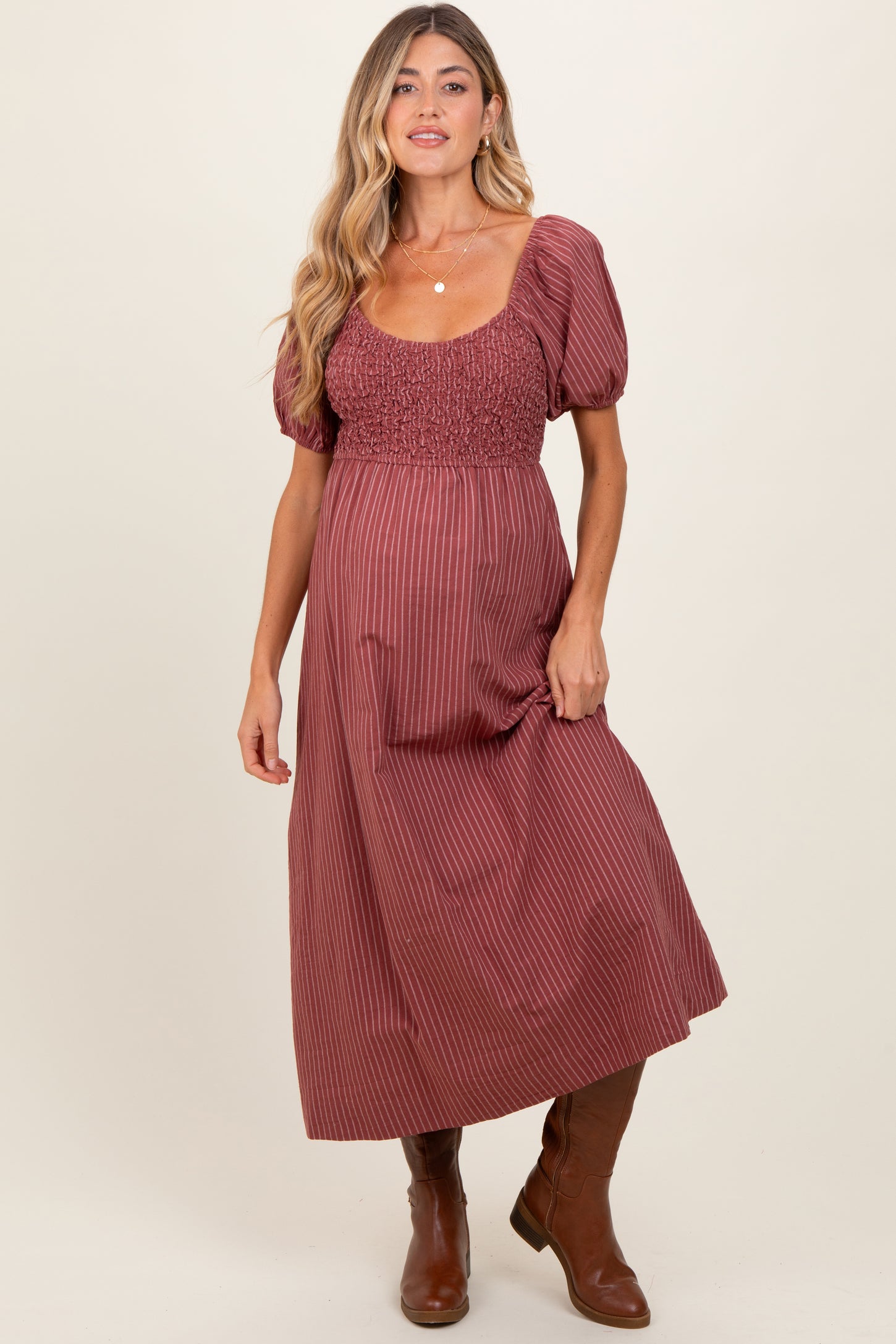 Mauve Striped Popcorn Smocked Maternity Midi Dress – PinkBlush
