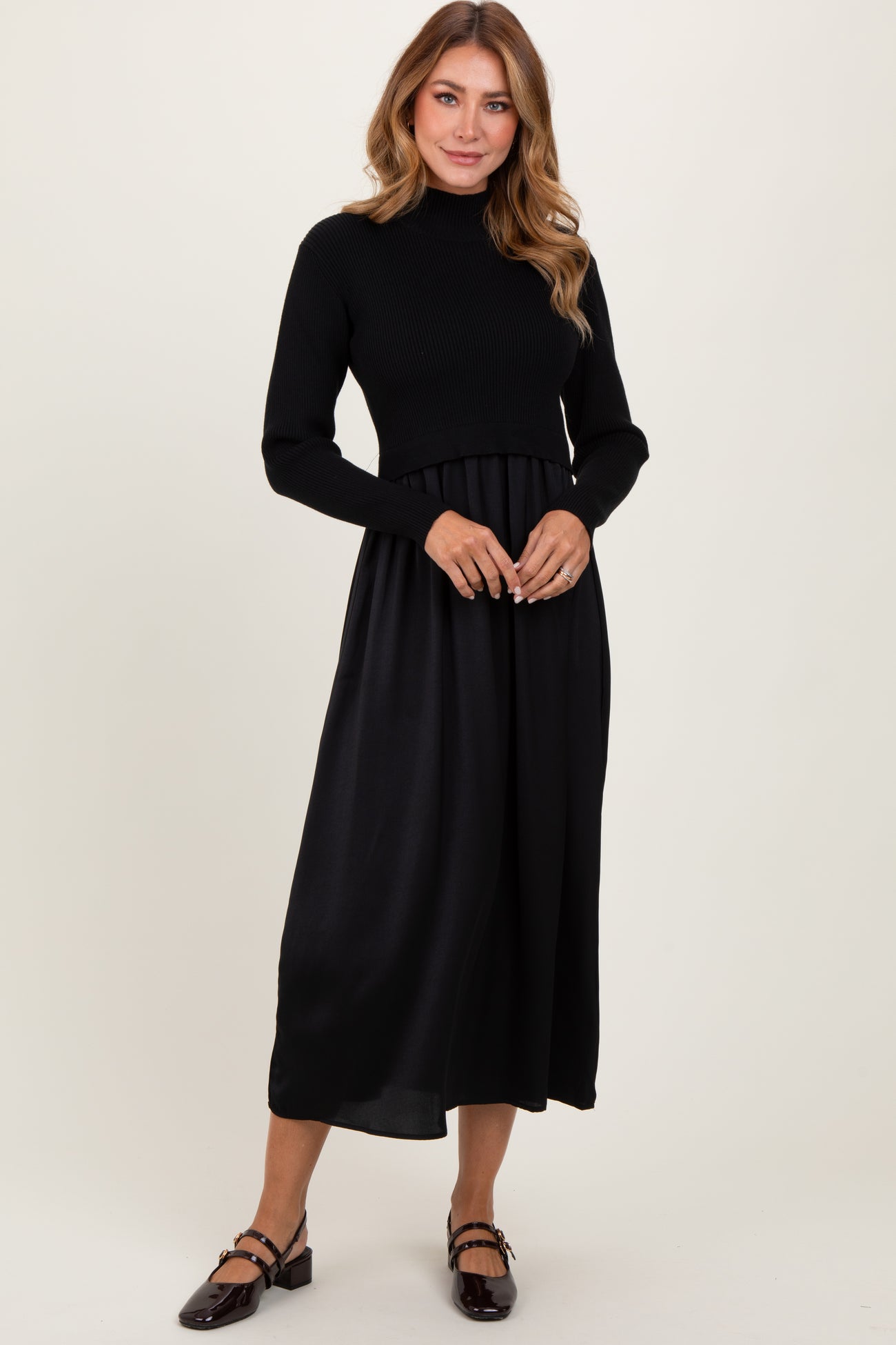 Black Knit Contrast Top Satin Midi Dress – PinkBlush