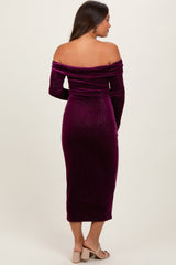 Plum Shiny Velour Off Shoulder Maternity Midi Dress