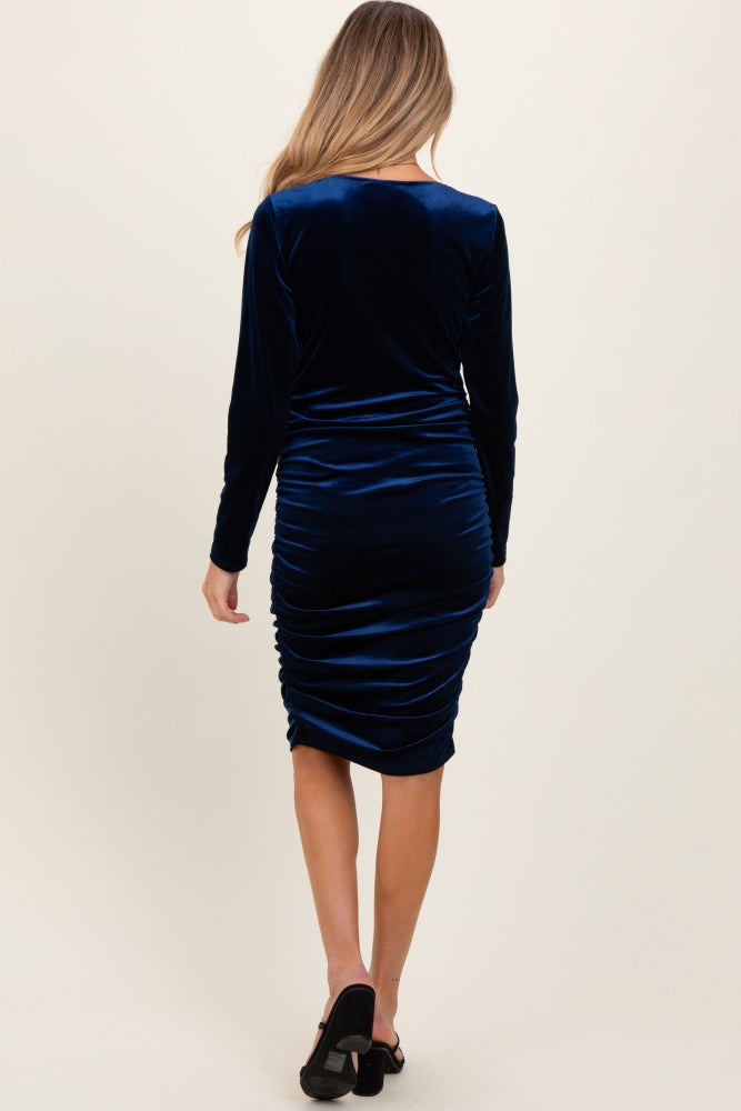 Navy Blue Velvet Long Sleeve Ruched Maternity Midi Dress Navy Blue Velvet Long Sleeve Ruched Maternity Midi Dress