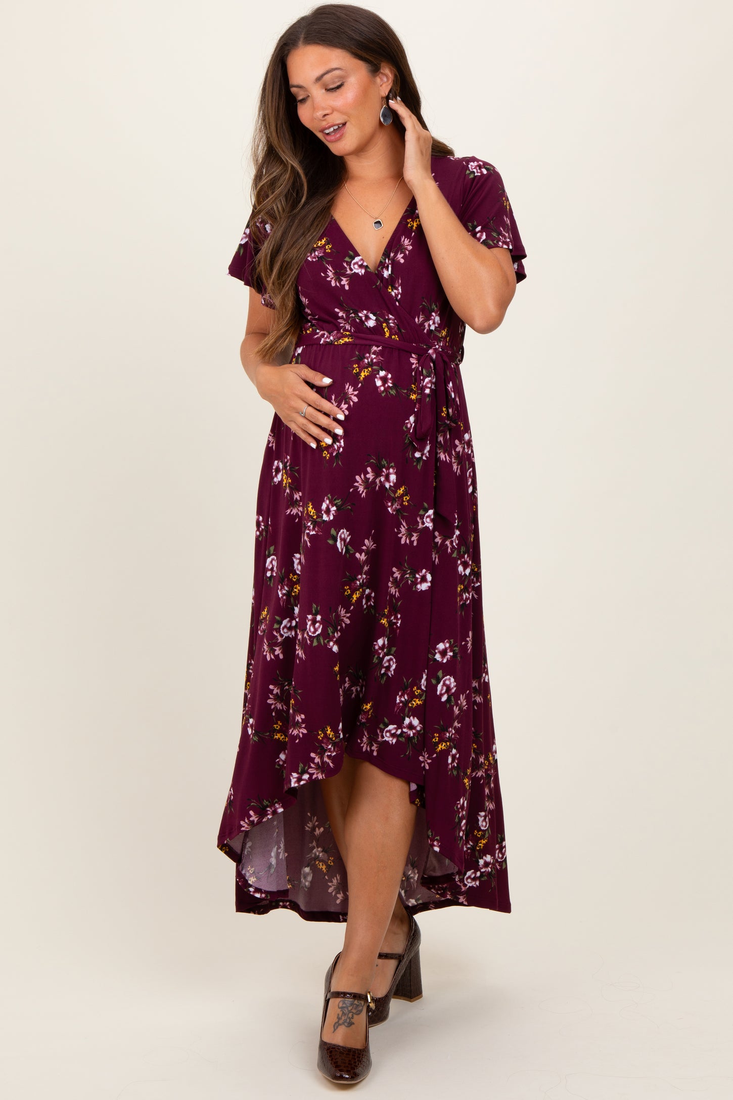 Burgundy Floral Short Sleeve Wrap Hi-Low Maternity Maxi Dress – PinkBlush