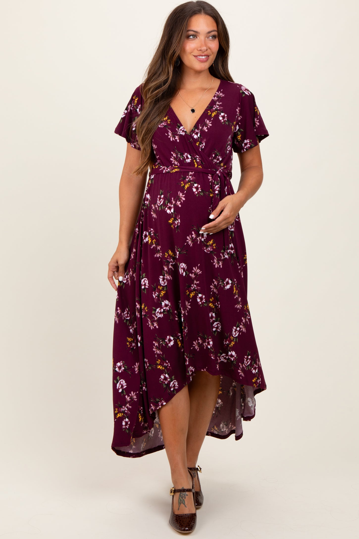 Burgundy Floral Short Sleeve Wrap Hi-Low Maternity Maxi Dress Burgundy Floral Short Sleeve Wrap Hi-Low Maternity Maxi Dress