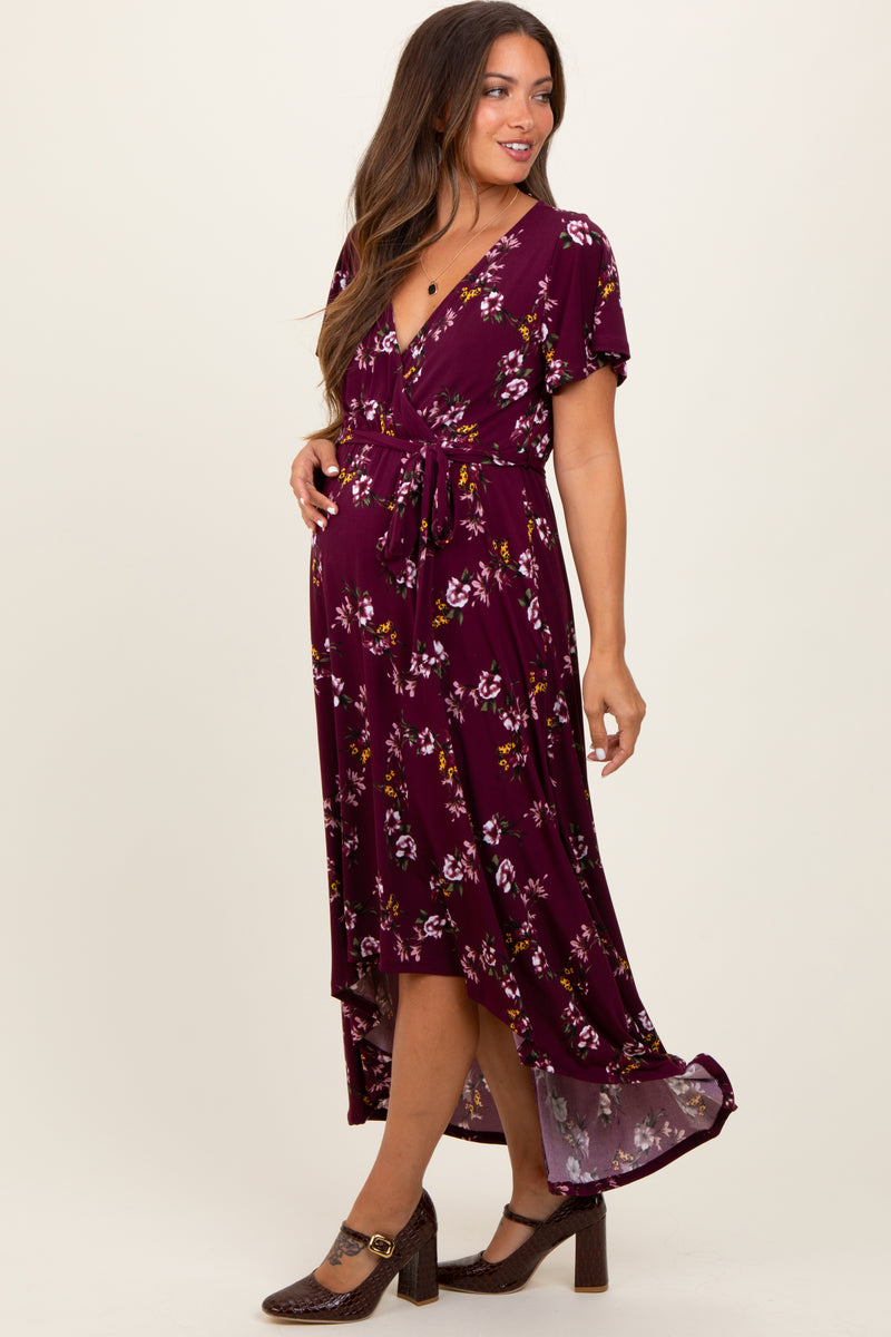 burgundy floral maternity dress Short Sleeve Wrap Hi-Low Maxi Neck Size:20 SizeGuide:Womens Style #CMD1628 butter yellow bridesmaids 💛🤍💛