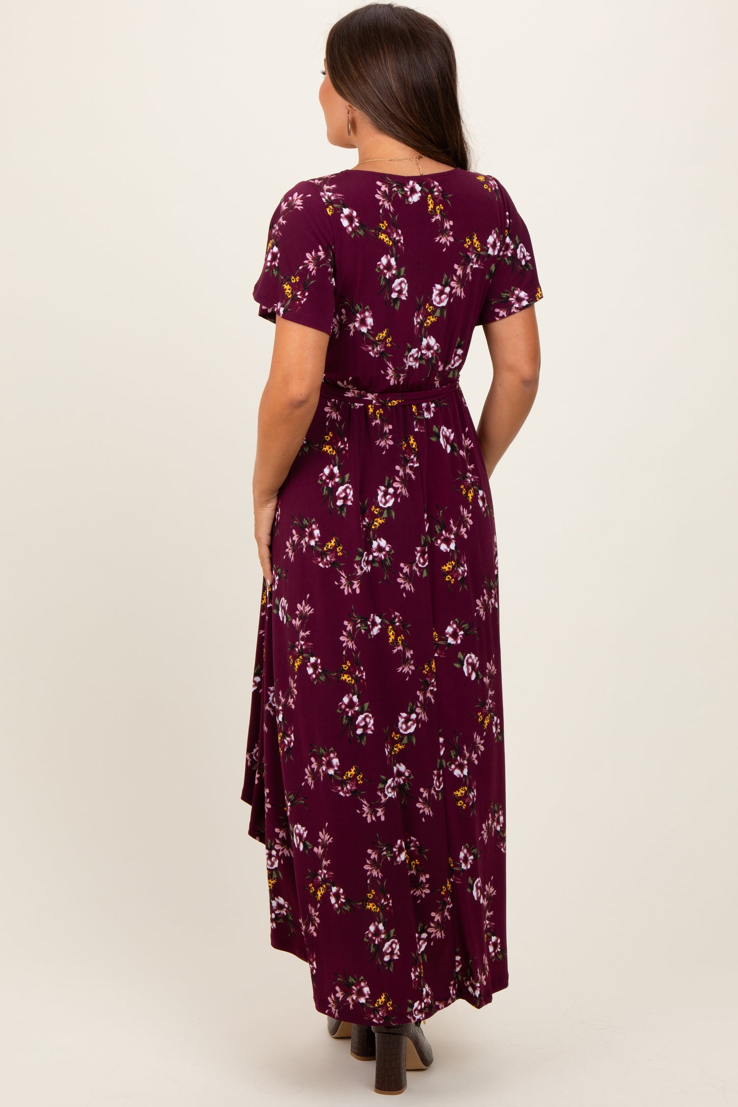 Burgundy Floral Short Sleeve Wrap Hi-Low Maternity Maxi Dress – PinkBlush