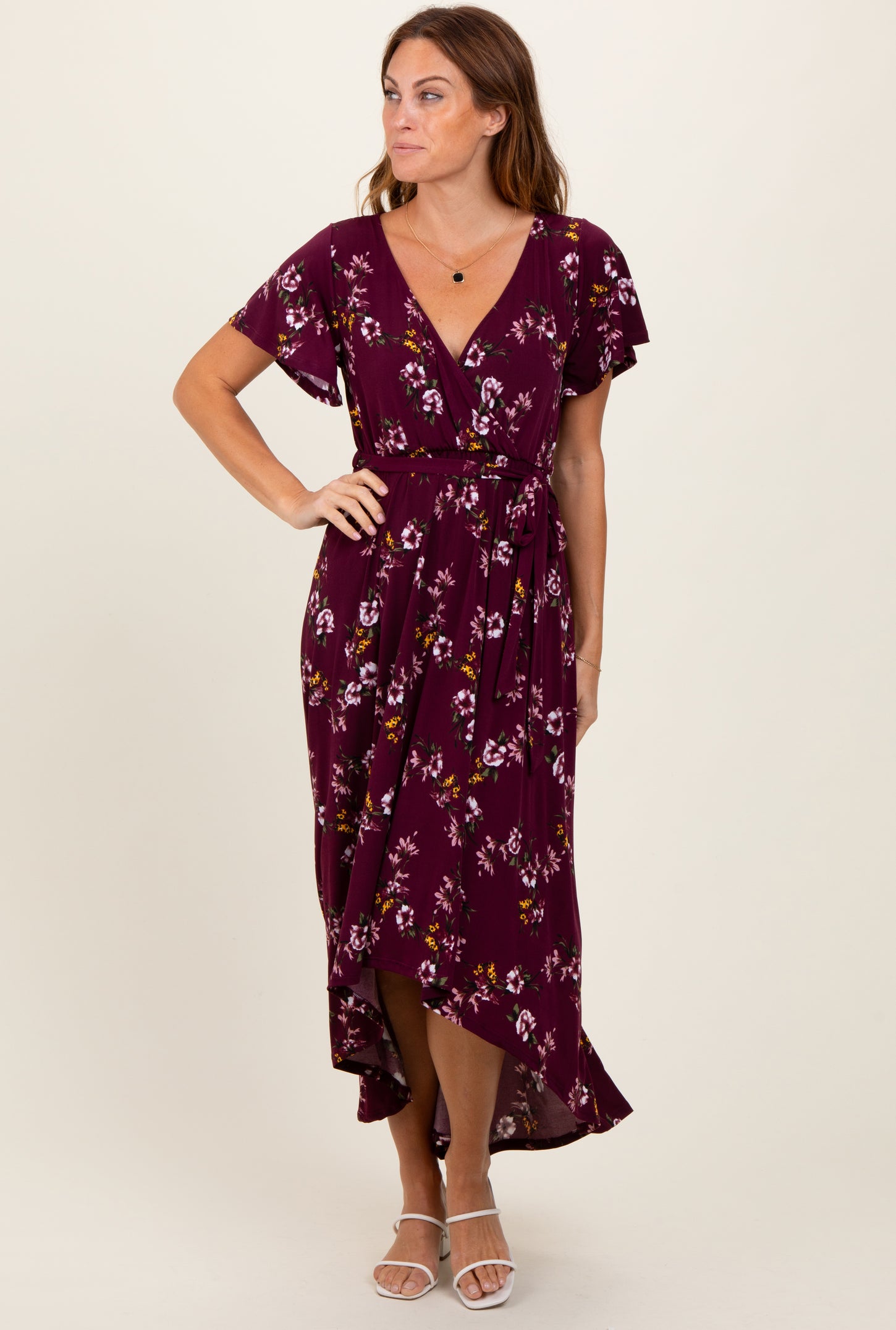 Burgundy Floral Short Sleeve Wrap Hi-Low Maternity Maxi Dress – PinkBlush