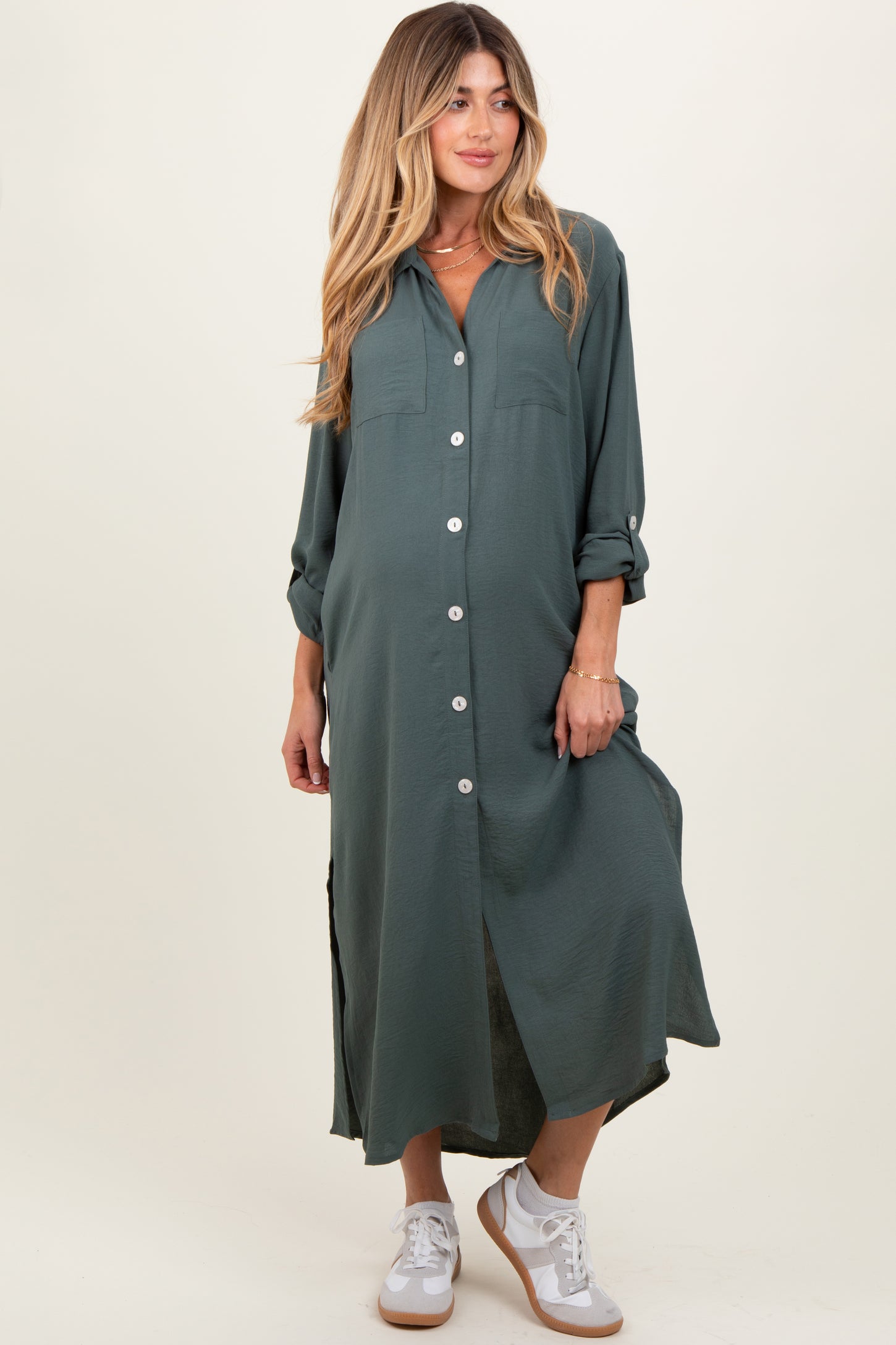 Olive Long Sleeve Button Down Maternity Maxi Dress