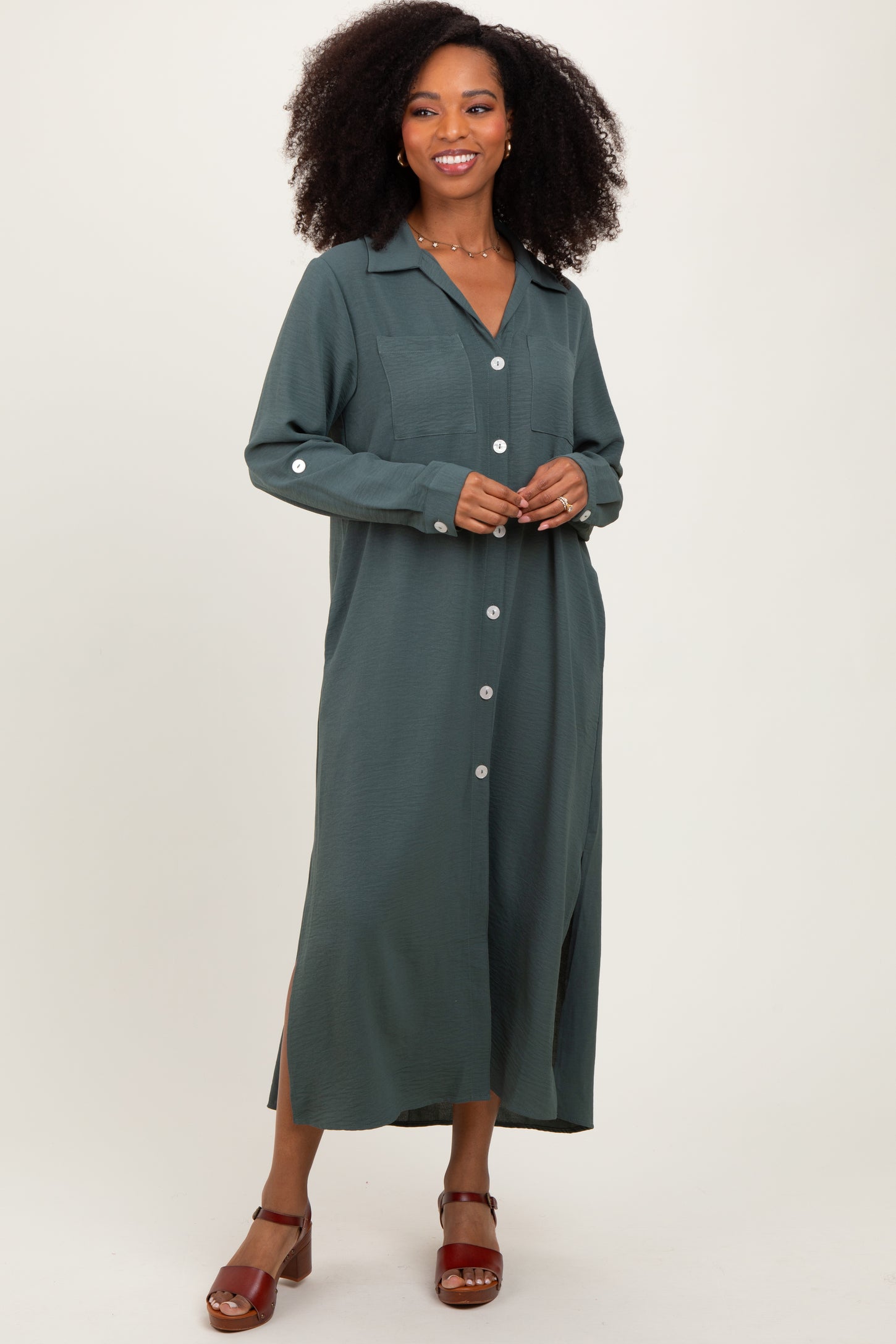 button down maxi dress long sleeve Olive Long Sleeve Button Down Maxi Dress