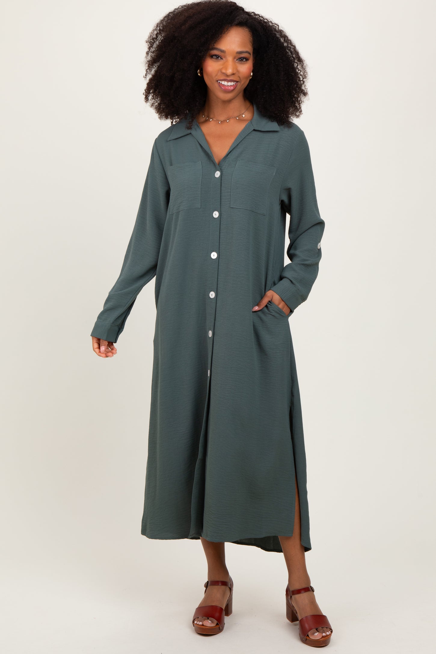 Olive Long Sleeve Button Down Maxi Dress PinkBlush Olive Long Sleeve Button Down Maxi Dress PinkBlush