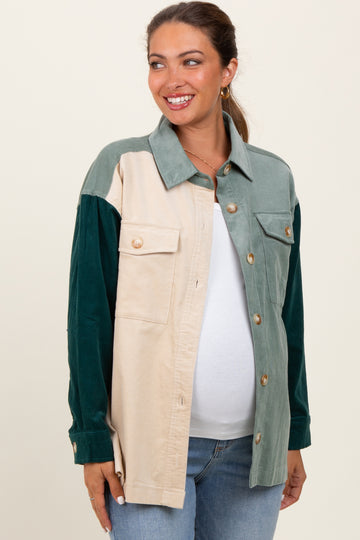 Light Olive Corduroy Colorblock Oversized Maternity Shirt Jacket