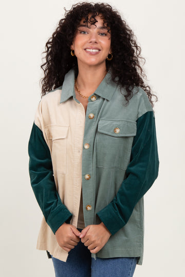 Light Olive Corduroy Colorblock Oversized Shirt Jacket
