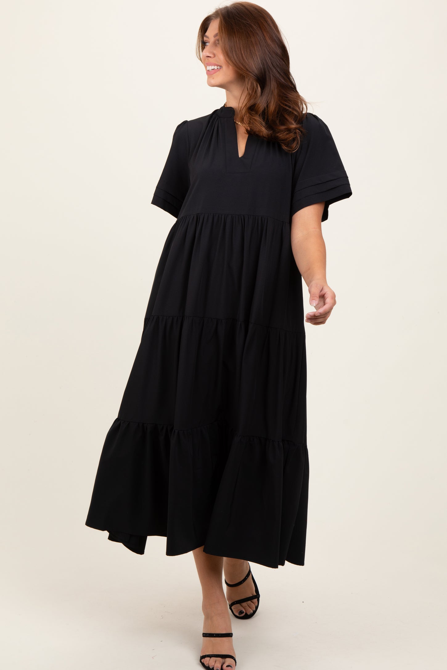 v neck tiered midi dress Green 3/4 Sleeve V Neck Tiered Midi Dress