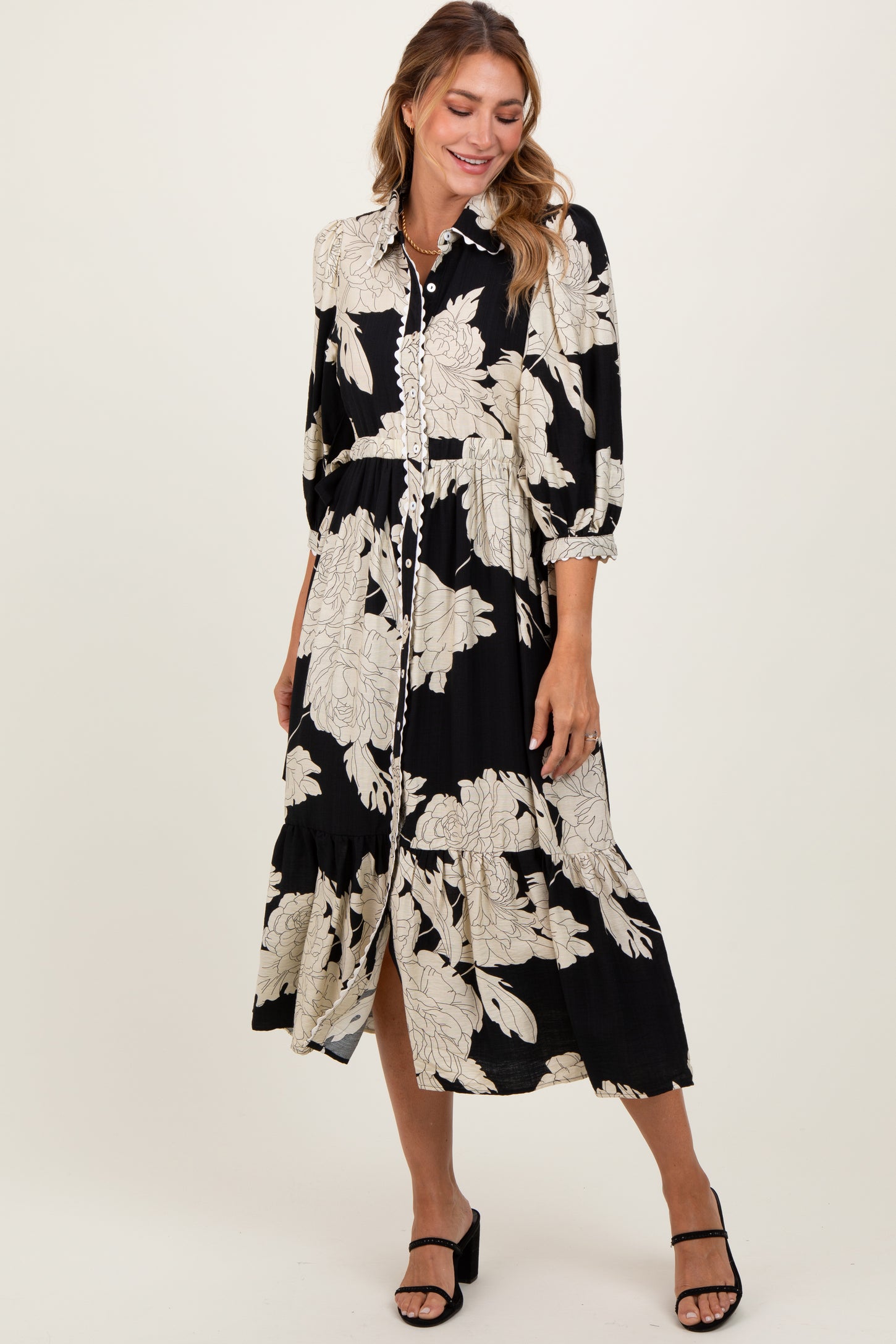black floral shirt dress Ana Black Floral Print Belted Shirt Dress