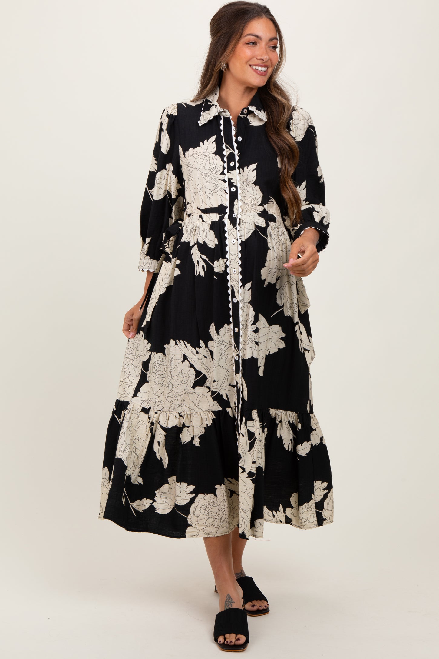 black floral shirt dress Print Cinched Tie Waist Maternity GO LIVE DATE: 10/09/2025 Size:10T Characters who wear long Long sleeve with button