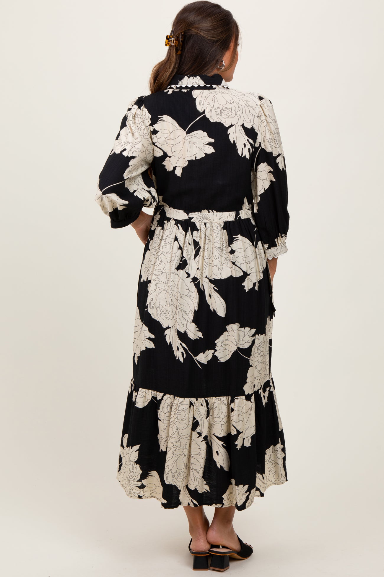 Black Floral Print Cinched Tie Waist Maternity Shirt Dress – PinkBlush