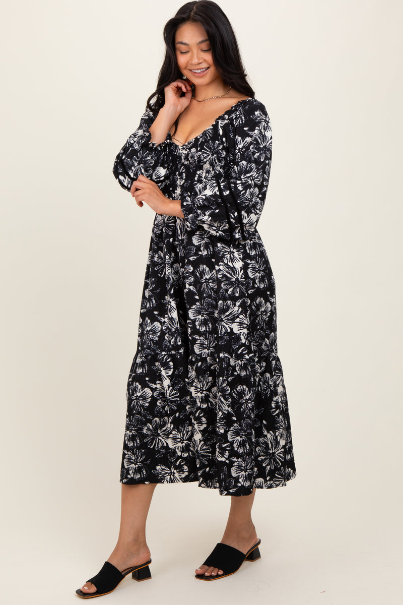 Black Floral Smocked 3/4 Sleeve Tiered Midi Dress– PinkBlush