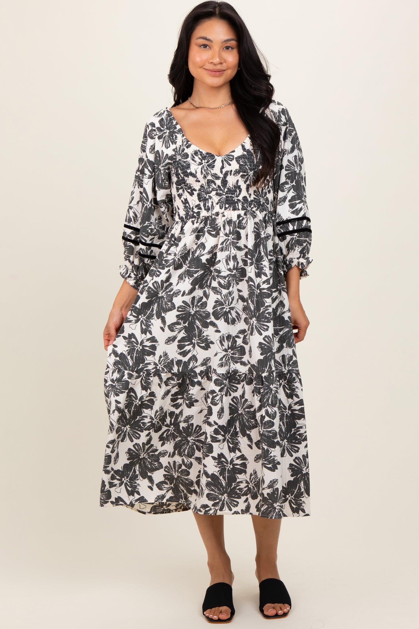 Cream Floral Smocked 3/4 Sleeve Tiered Maternity Midi Dress