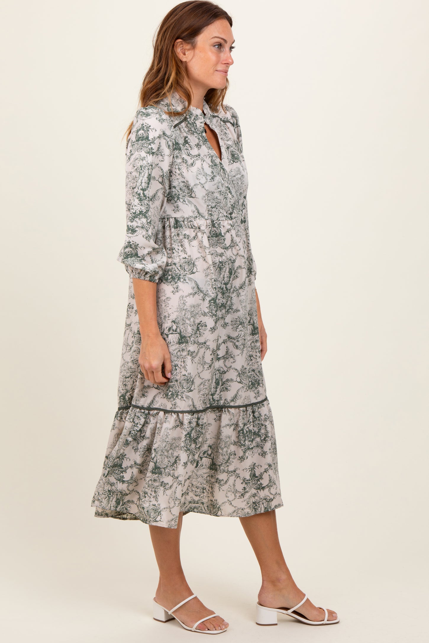 Forest Green Printed Split Ruffle Collar Midi Dress