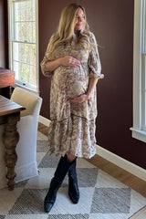 Brown Printed Split Ruffle Collar Maternity Midi Dress